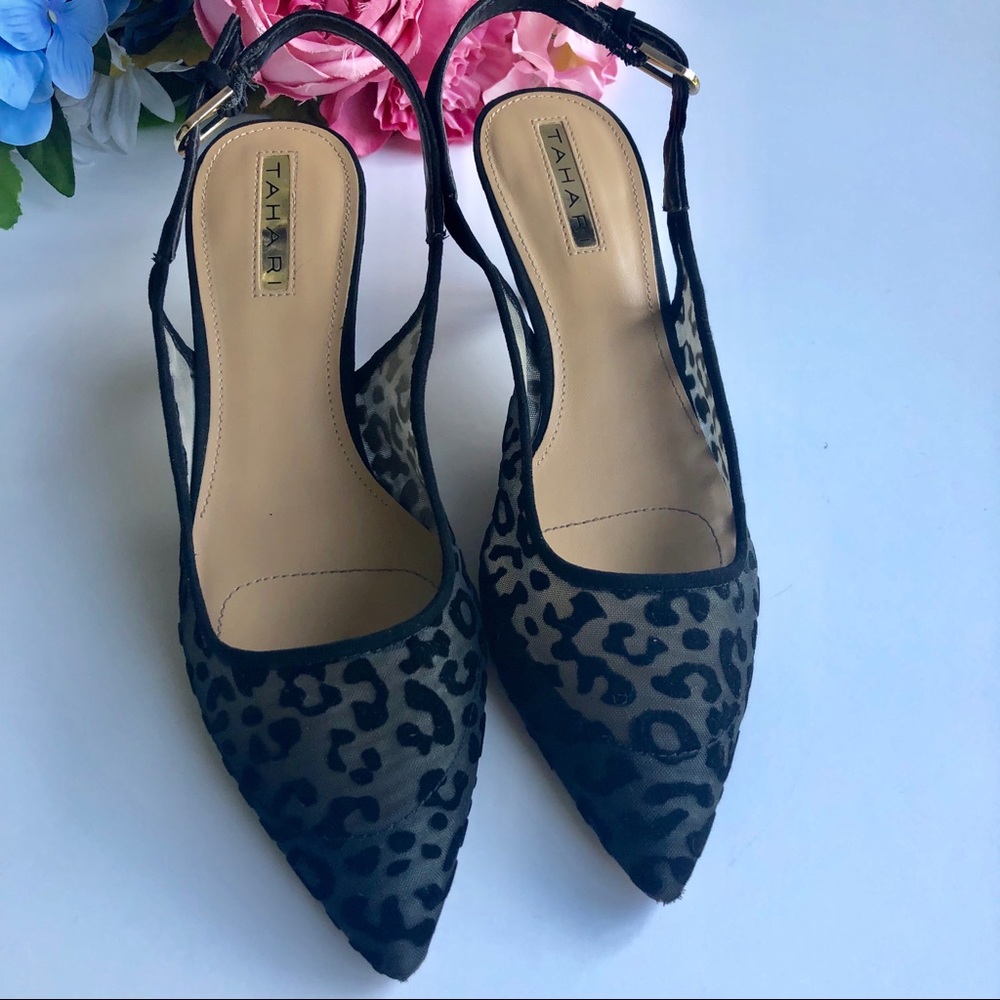 Tahari Black kitten heel slingback animal print 7